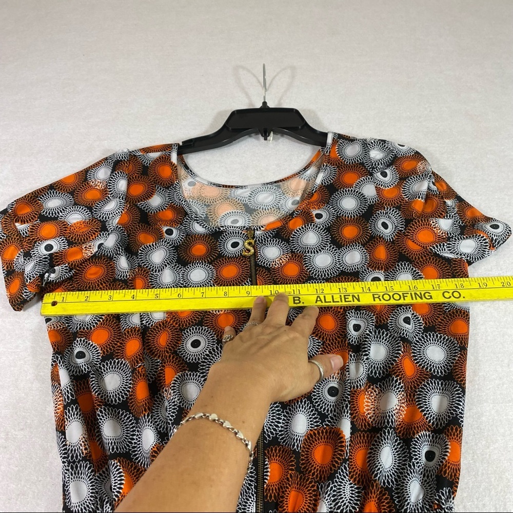 Jumper Jumpsuit Front Zip Elastic Waist Orange Gray circle Print Short Sleeve - Picture 6 of 13